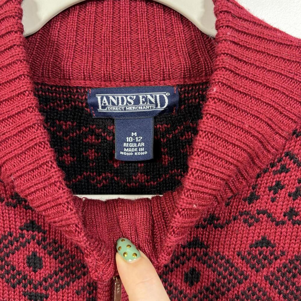 VTG Lands End Fair Isle Zip UP Sweater Womens Medium Red Nordic 100% Merino Wool - Picture 2 of 9